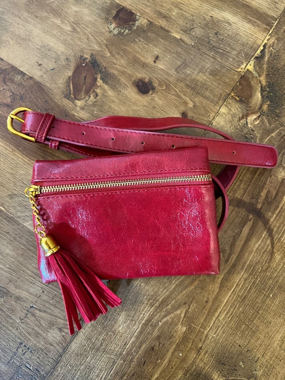 Badiya Red Faux Leather Belt Bag Fanny Pack Gold Hardware Tassel Zip Pouch